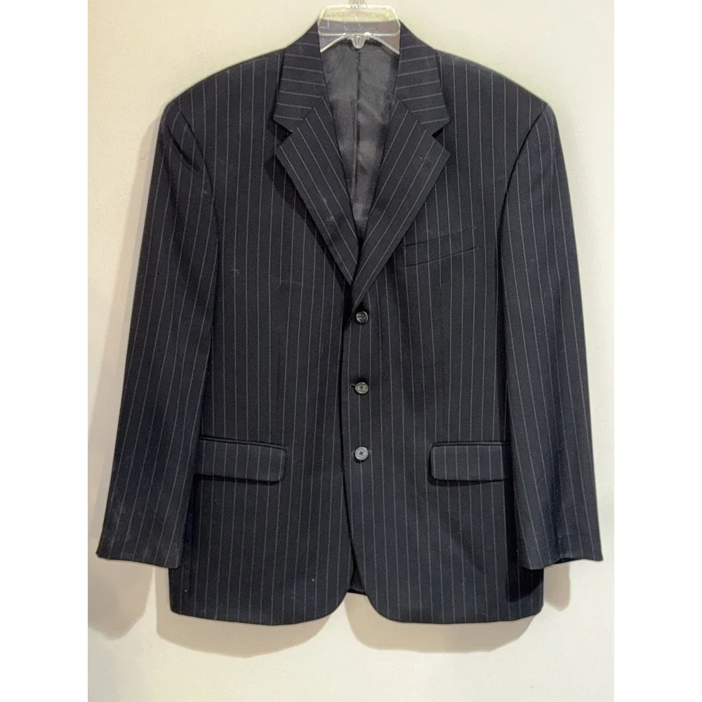 Chaps Men's 44R 2-Piece Suit 100% Wool Charcoal Gray Pinstripe Jacket and Pants